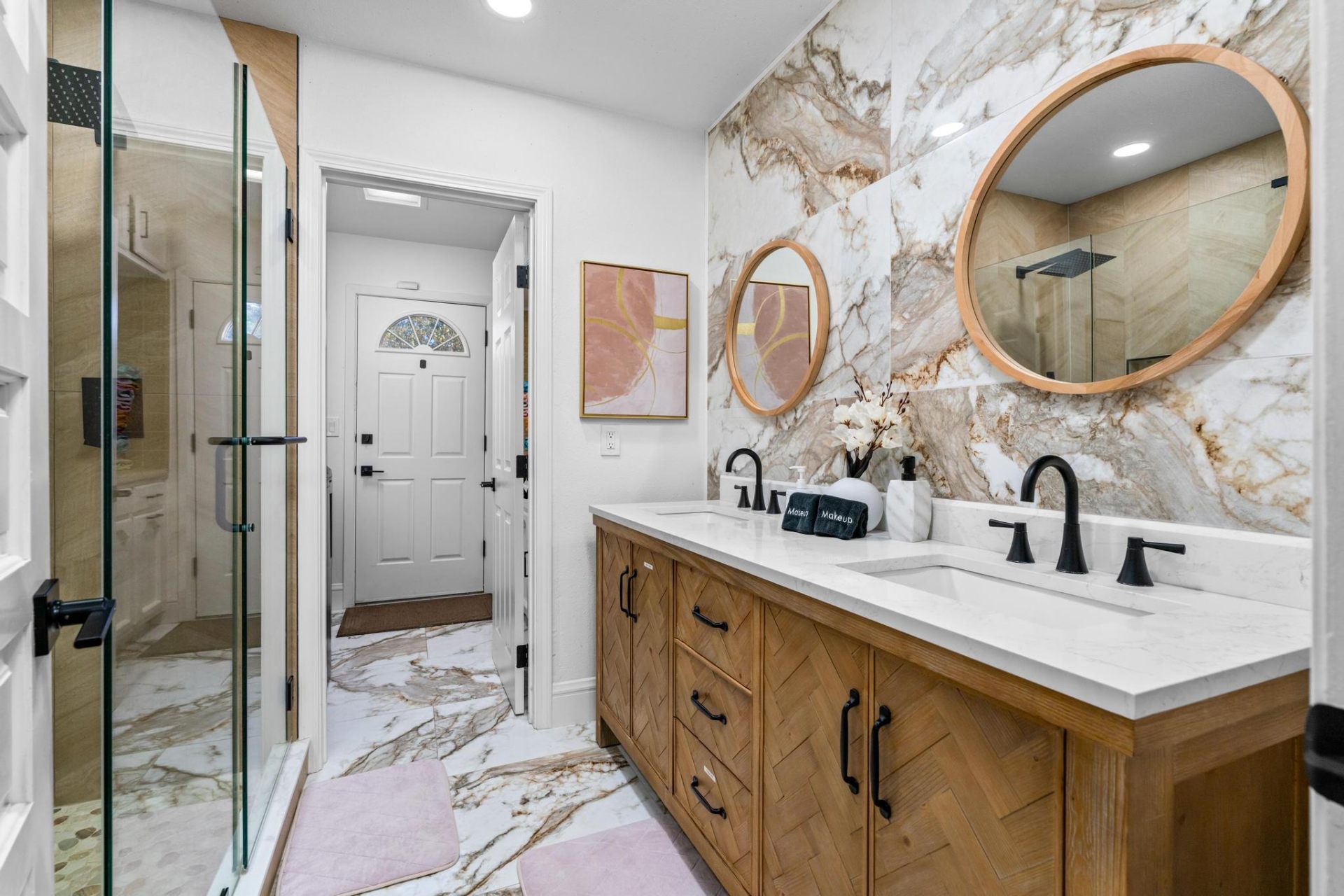 Pool bath with quartzite walls and herringbone vanity